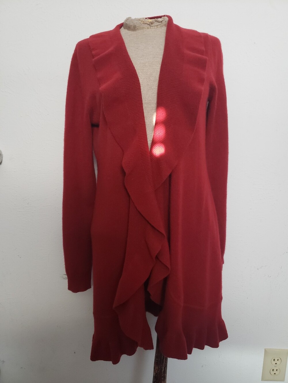 Neiman Marcus 100% Cashmere Red Ruffle Open-Front Sweater Cardigan M NWT
